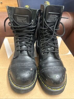 Dr. Martens Black Leather Steel Toe Lace-Up Boots with Yellow Stitching